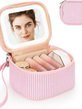 New Mini Makeup Bag w Led Mirror Small Travel Make up Bag 3 Light Modes Pink